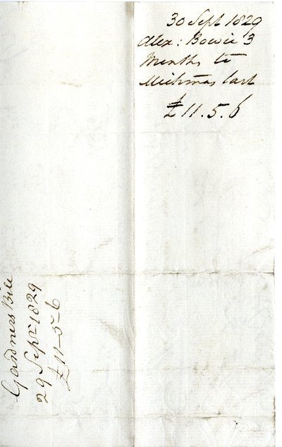 Devonshire MSS AS 3101, folio de un paquete de facturas liquidadas por Pinder Simpson para Lord George Cavendish, incluyendo la factura de Alexander Bowie de English School