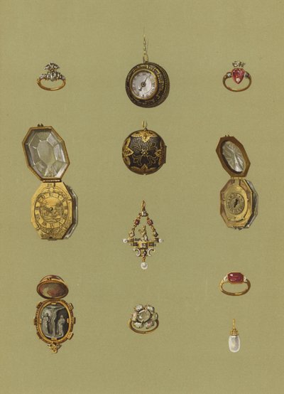 Anillo de diamantes, reloj de oro, camafeo de piedra de sangre, reloj de oro, solitario con joyas, anillo de luto de ópalo de María Reina de Escocia, anillo de oro de la princesa Isabel, reloj de oro de forma octogonal, anillo de oro, pendiente de perla de English School