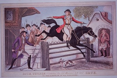 Dick Turpin saltando la puerta del peaje de Hornsey en su caballo Black Bess (grabado coloreado) de English School