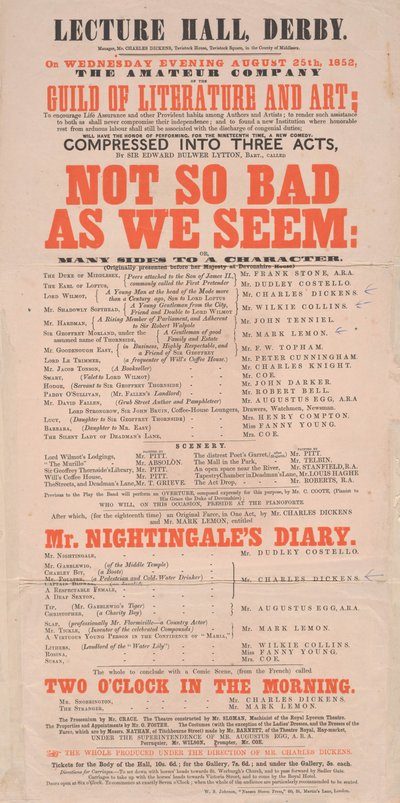 Cartel de Dickens: Not So Bad As We Seem en Lecture Hall, Derby, programa para el 25 de agosto de 1852 de English School