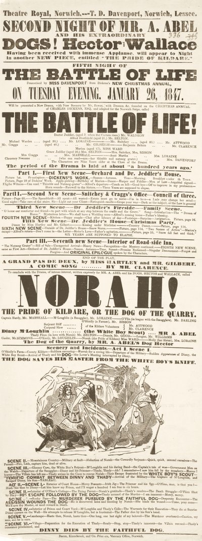 Cartel de Dickens: La batalla de la vida, en el Teatro Real, Norwich, 26 de enero de 1847 de English School
