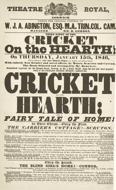 Cartel de Dickens: El grillo del hogar en el Teatro Real, Derby, 15 de enero de 1846 de English School