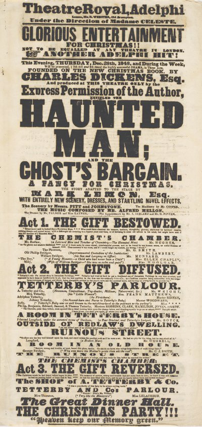 Cartel de Dickens: El hombre embrujado, en el Teatro Real Adelphi, 28 de diciembre de 1848 de English School