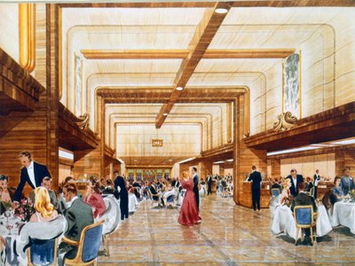 Cena y baile a bordo del RMS Caronia, de un folleto promocional, 1947 de English School