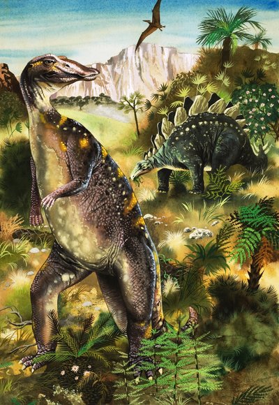 Dinosaurios, ilustración de "When Monsters Ruled the Earth" (gouache sobre papel) de English School