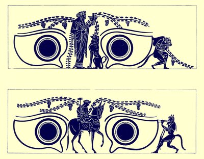 Dionisos, Hefesto y sátiros, ilustración de Pinturas de Vasos Griegos por J. E. Harrison y D. S. MacColl, publicada en 1894 (imagen digitalmente mejorada) de English School