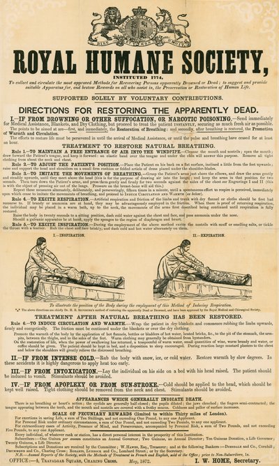 Instrucciones para restaurar a los aparentemente muertos; emitidas por la Royal Humane Society, mayo de 1872 de English School