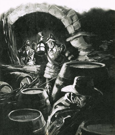Descubrimiento de Guy Fawkes de la Conspiración de la Pólvora de English School