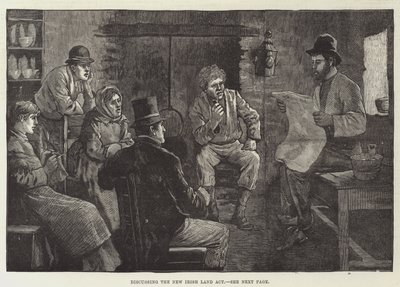 Discutiendo la Nueva Ley de Tierras Irlandesa (grabado) de English School