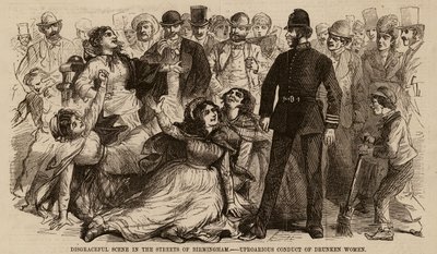 Escena vergonzosa en las calles de Birmingham, conducta desternillante de mujeres borrachas (grabado) de English School