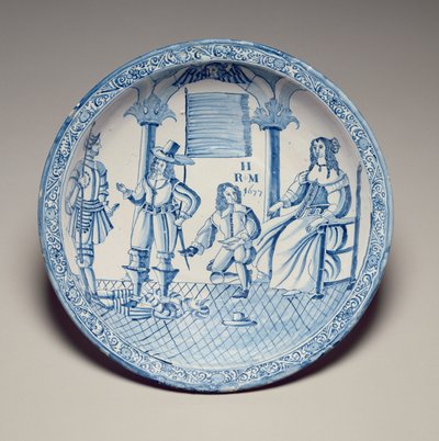 Plato con la Reina Catalina sentada mientras un caballero arrodillado le ajusta un zapato, 1677 de English School