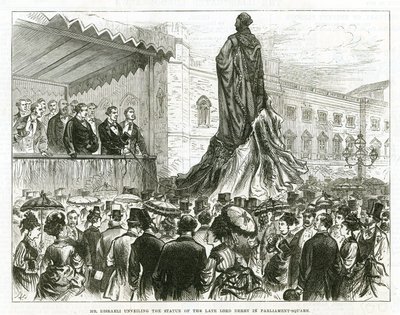 Disraeli develando la estatua del difunto Lord Derby en Parliament Square, Westminster de English School