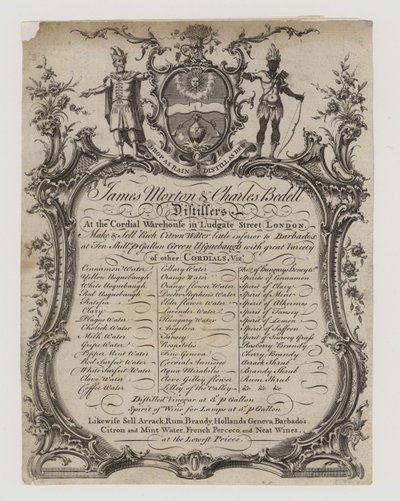 Destiladores, James Morton y Charles Bedell, tarjeta comercial de English School