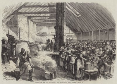 La angustia en el este de Londres, la cocina de sopa de Spitalfields (grabado) de English School