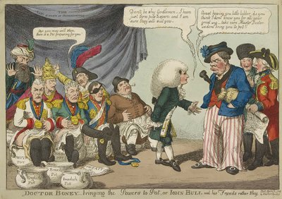 Doctor Boney trayendo los poderes a Pot, o John Bull y sus amigos algo tímidos, pub. 1808 (grabado coloreado a mano) de English School