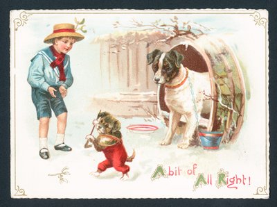 Perro, cachorro y niño jugando en la nieve de English School