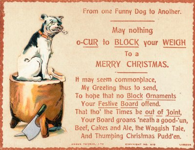 Perro sentado en un bloque de cortar, tarjeta de Navidad de English School