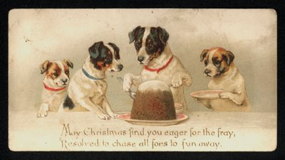 Perros sirviendo un pudín de Navidad, tarjeta de felicitación de English School