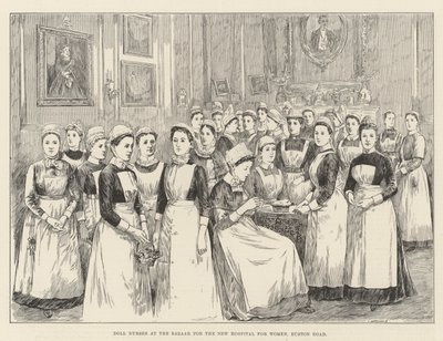 Enfermeras de Muñecas en el Bazar para el Nuevo Hospital para Mujeres, Euston Road (grabado) de English School