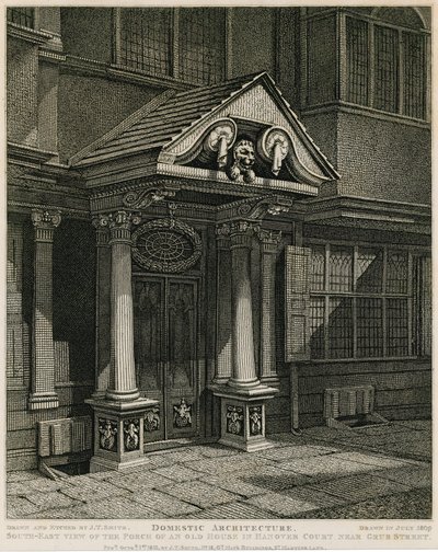Arquitectura doméstica: vista sureste del pórtico de una casa antigua en Hanover Court cerca de Grub Street de English School