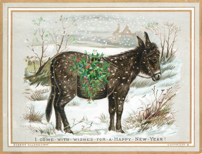 Burro llevando acebo en la nieve, tarjeta de Año Nuevo de English School