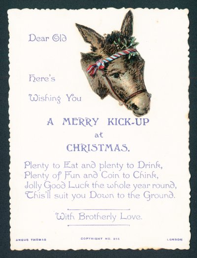 Burro con muérdago en el arnés, tarjeta de Navidad de English School