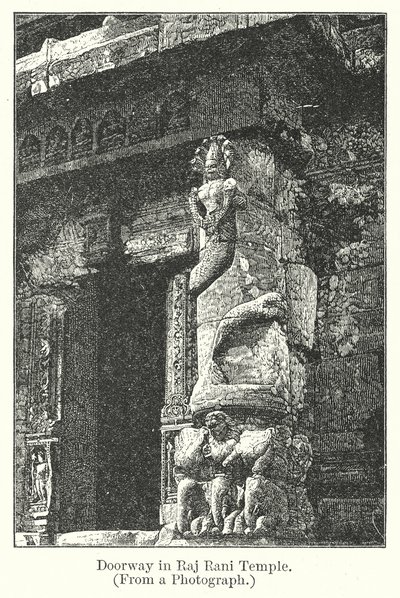 Puerta del templo Raj Rani (grabado) de English School