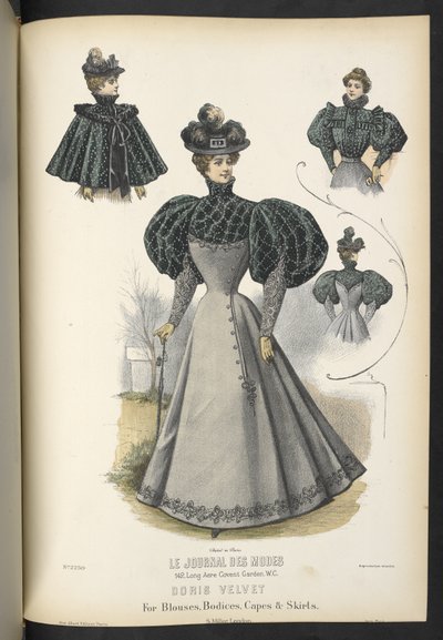 Terciopelo Doris, Para blusas, corpiños, capas y faldas,  Lámina 2250, Terciopelo Doris para blusas, corpiños, capas y faldas,  La modista y sombrerera,  1895 de English School