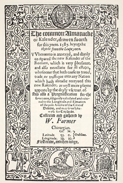 Doble Almanaque (común y nuevo) y Prognosticación para Dublín para 1587, por W. Farmer, impreso por Watkins y Roberts, 1587 de English School