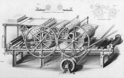 Máquina de impresión de doble cilindro de Cyclopaedia of Useful Arts & Manufactures, editado por Charles Tomlinson, c.1880s de English School