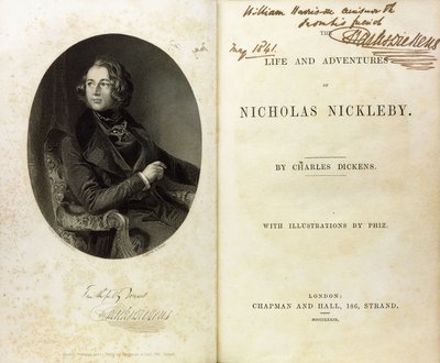 Doble página con un retrato de Dickens y una dedicatoria de Dickens a William Harrison Ainsworth de English School
