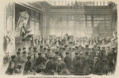 Dr. Alderson dando la Oración Harveiana en el teatro del Royal College of Physicians de English School