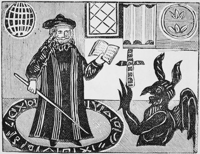 Dr. Fausto en un Círculo Mágico, frontispicio de la traducción de Dr. Fausto de Gents, publicado en 1648 de English School