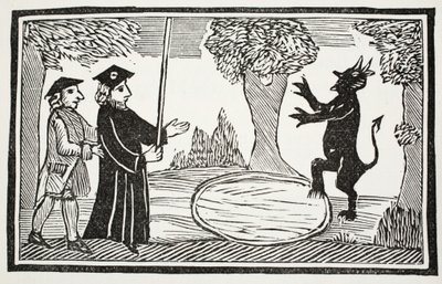 El Dr. Faustus invoca al diablo, ilustración de Chap-books of the Eighteenth Century por John Ashton, pub. 1882 de English School