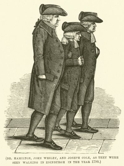 El Dr. Hamilton, John Wesley y Joseph Cole, tal y como se les vio paseando por Edimburgo en el año 1790 (grabado). de English School