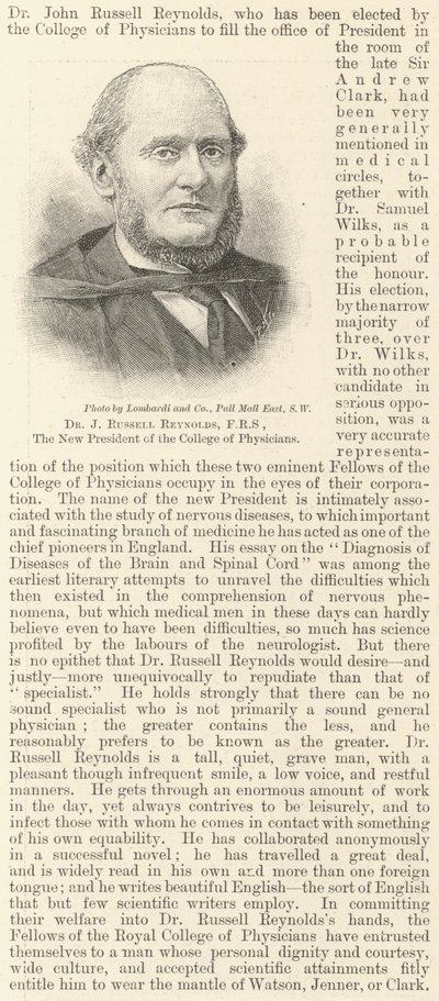 Dr J Russell Reynolds, FRS, el nuevo presidente del Colegio de Médicos (grabado) de English School