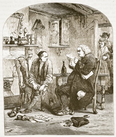Dr. Johnson leyendo el manuscrito de El vicario de Wakefield, ilustración de Cassells Illustrated History of England de English School