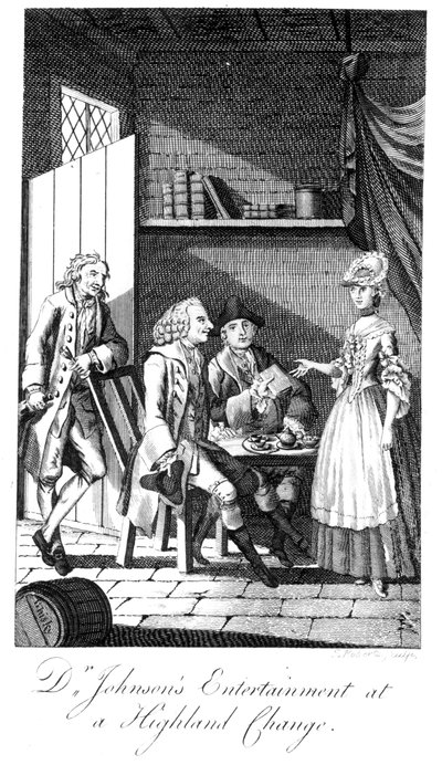 El entretenimiento del Dr. Johnson en un cambio de las Tierras Altas, grabado por Roberts de English School