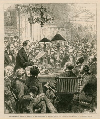 El Dr. Schiemann dando cuenta de sus descubrimientos en Micenas ante la Sociedad de Anticuarios en Burlington House de English School