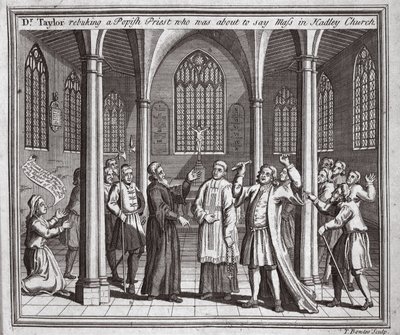 El Dr. Taylor reprendiendo a un sacerdote papista que estaba a punto de decir misa en la Iglesia de Hadley, ilustración de Mártires de Fox c.1703 de English School
