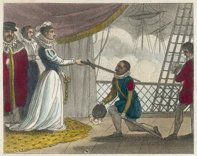 Drake Knighted on board his Ship (grabado en color) de English School