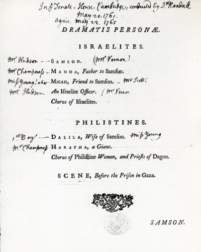 Dramatis Personae para Sansón, un oratorio de Handel, publicado en 1759 de English School