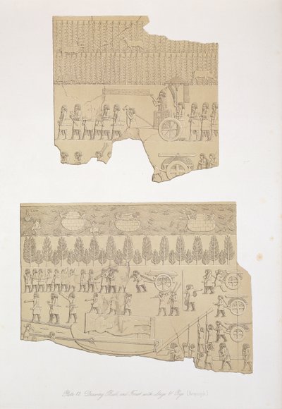 Dibujo de toro, y bosque con ciervos y cerdos, Koujunjik, lámina 12 de Nínive y sus Restos de Austen Henry Layard, publicado en 1849 de English School