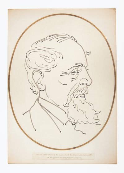 Dibujo de Charles Dickens por el Autómata ZOE de Mr Maskelyne de English School