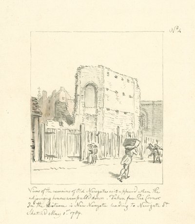 Dibujo de los restos de Old Newgate (tinta sobre papel) de English School