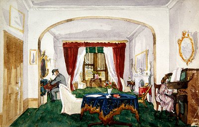 Interior de salón, mujer al piano, hombre con sombrero hongo escribiendo, c.1850 de English School