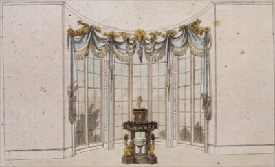 Cortina de ventana de salón y jardinera, lámina 101 de Ackermann