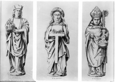 Dibujos de los santos Martín, Wilgefort y Nicolás de sus estatuas en la Capilla de Enrique VII, Abadía de Westminster de English School