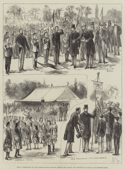 Competencia de ejercicios de las escuelas de la Junta de Londres ante el Príncipe y la Princesa de Gales en Buckhurst Hill (grabado) de English School