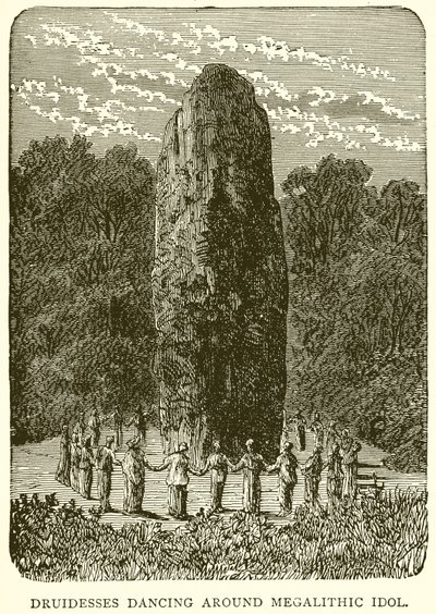 Druidesas bailando alrededor de un ídolo megalítico de English School